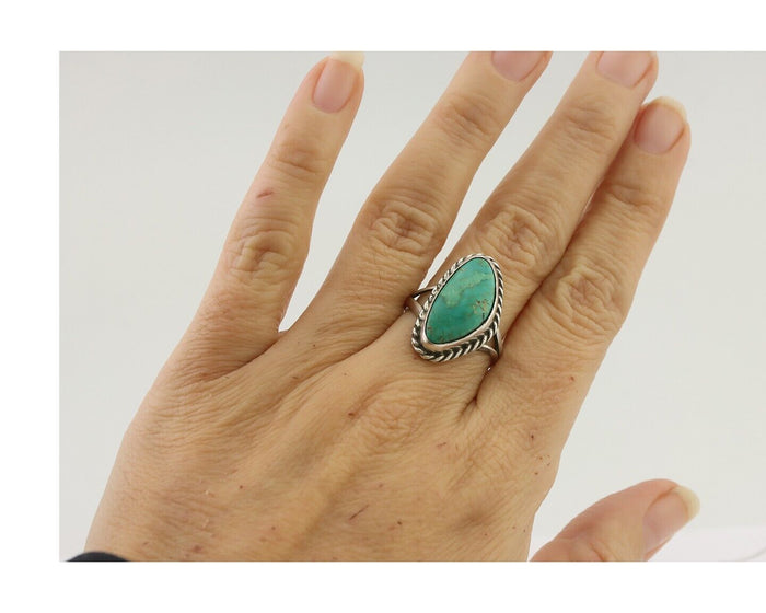 Navajo Ring 925 Silver Blue Gem Turquoise Artist Signed Rabbit Stick C.80's