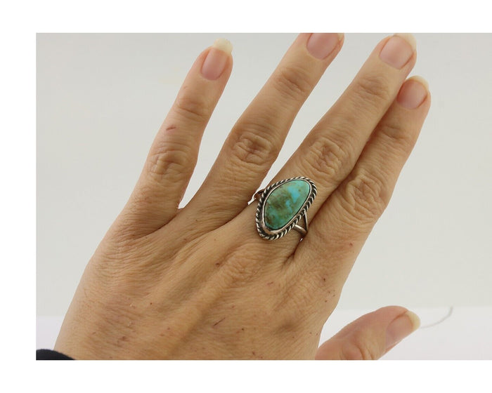 Navajo Ring 925 Silver Blue Gem Turquoise Artist Signed Rabbit Stick C.80's