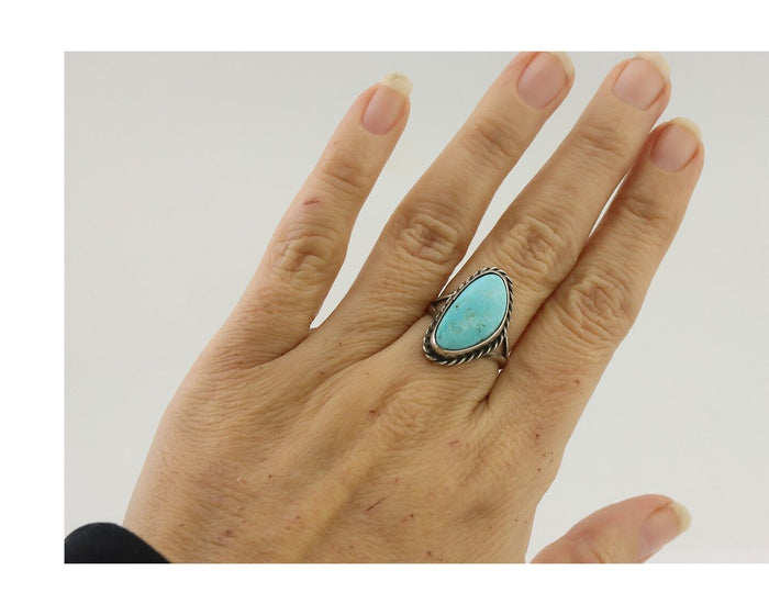 Navajo Ring 925 Silver Blue Gem Turquoise Artist Signed Rabbit Stick C.80's
