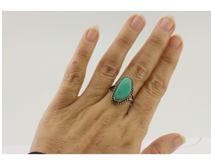 Navajo Ring 925 Silver Blue Gem Turquoise Artist Signed Rabbit Stick C.80's