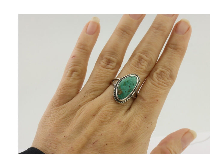 Navajo Ring 925 Silver Blue Gem Turquoise Artist Signed Rabbit Stick C.80's