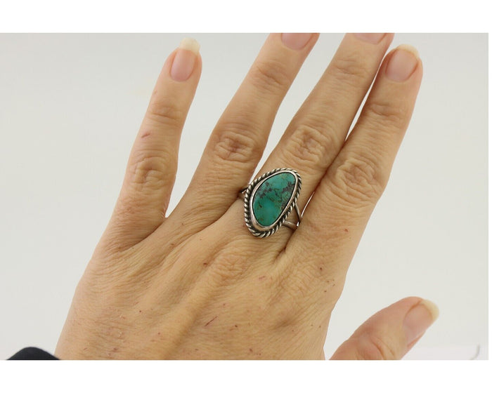 Navajo Ring 925 Silver Blue Gem Turquoise Artist Signed Rabbit Stick C.80's