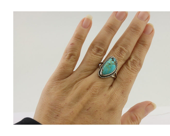 Navajo Ring 925 Silver Blue Gem Turquoise Artist Signed Rabbit Stick C.80's