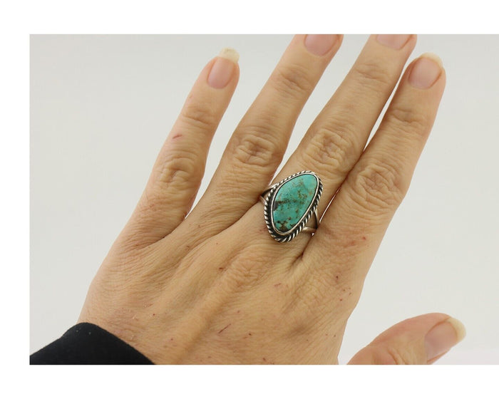 Navajo Ring 925 Silver Blue Gem Turquoise Artist Signed Rabbit Stick C.80's