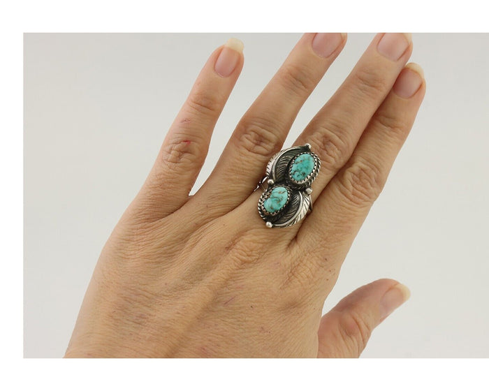 Navajo Ring 925 Silver Blue Gem Turquoise Native American Artist C.80's