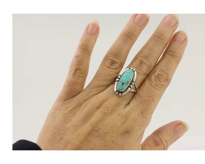 Navajo Ring 925 Silver Blue Gem Turquoise Native American Artist C.80's