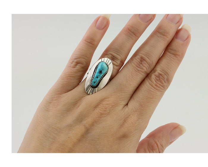 Navajo Ring 925 Silver Blue Gem Turquoise Native Artist Size 5.25 C.80's