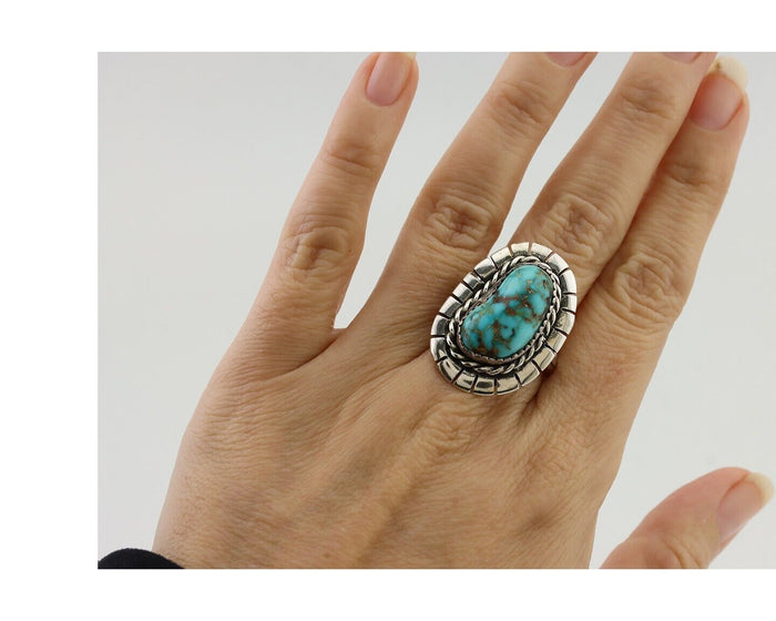 Navajo Ring 925 Silver Blue Gem Turquoise Signed William Denetdale 8.75 C.80's