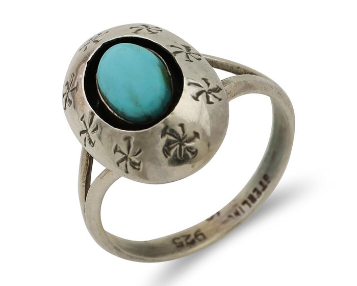 Navajo Ring 925 Silver Blue Kingman Turquoise Native American Artist C.80's