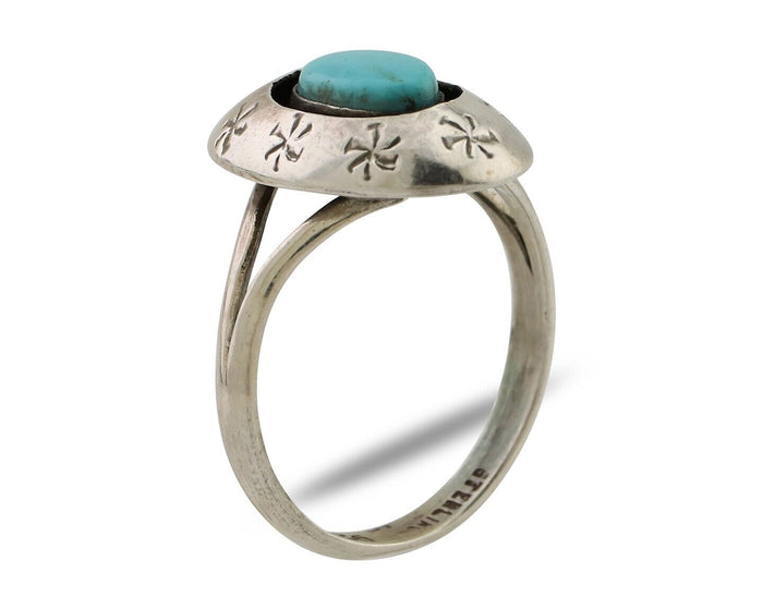 Navajo Ring 925 Silver Blue Kingman Turquoise Native American Artist C.80's