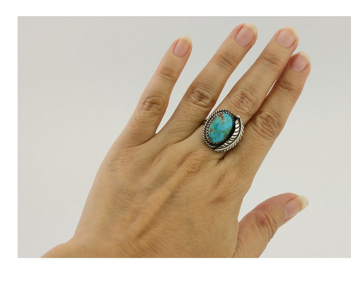 Navajo Ring 925 Silver Blue Kingman Turquoise Native American Artist C.80's
