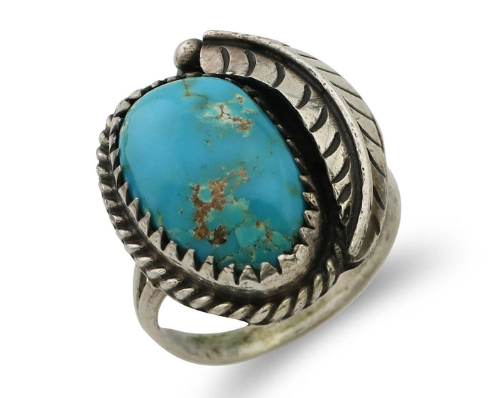 Navajo Ring 925 Silver Blue Kingman Turquoise Signed JW C.80's