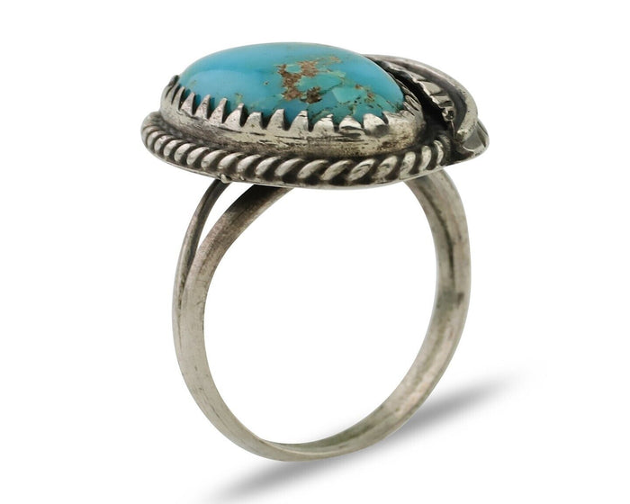 Navajo Ring 925 Silver Blue Kingman Turquoise Signed JW C.80's