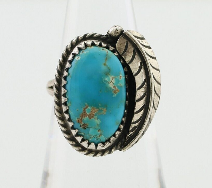 Navajo Ring 925 Silver Blue Kingman Turquoise Signed JW C.80's