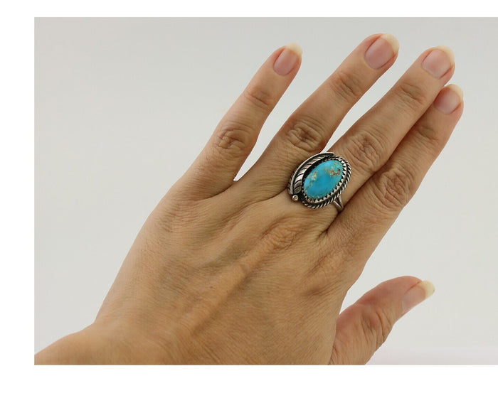 Navajo Ring 925 Silver Blue Kingman Turquoise Signed JW C.80's