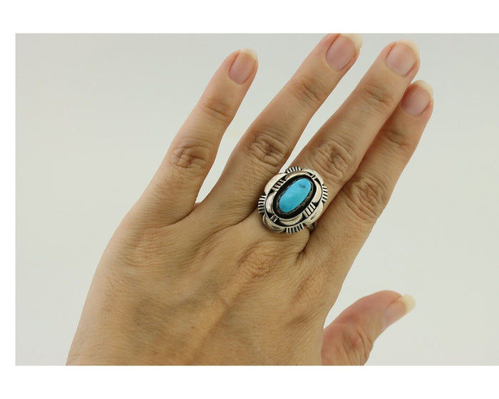 Navajo Ring 925 Silver Blue Sleeping Beauty Turquoise Signed LM NEZ C.80's