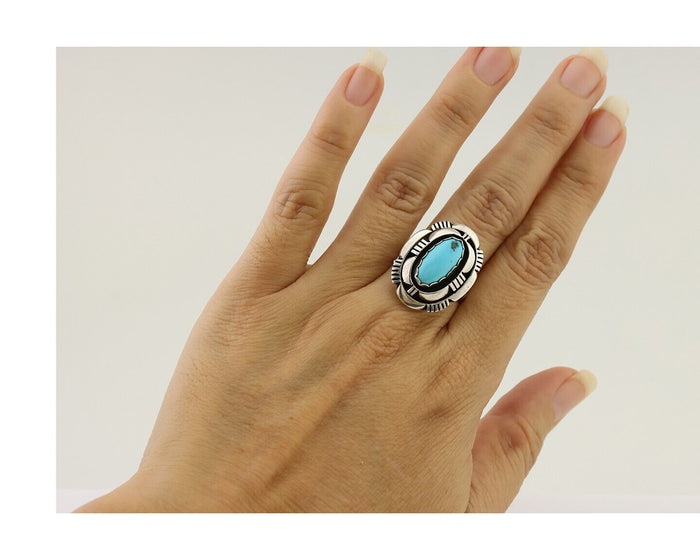 Navajo Ring 925 Silver Blue Sleeping Beauty Turquoise Signed LM NEZ C.80's