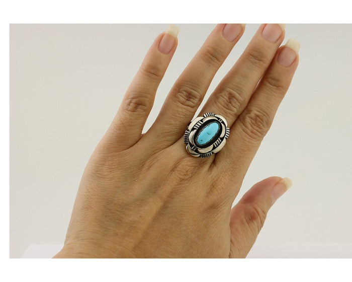 Navajo Ring 925 Silver Blue Sleeping Beauty Turquoise Signed LM NEZ C.80's