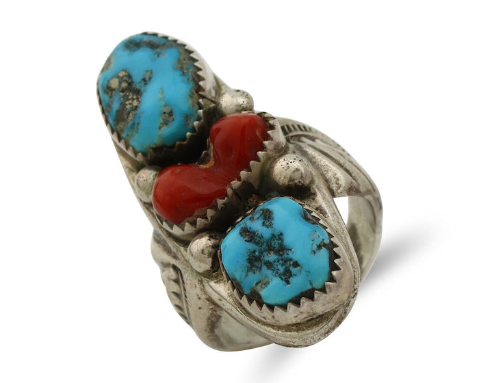 Navajo Ring 925 Silver Blue Turquiose & Coral Artist Signed Large R C.80's