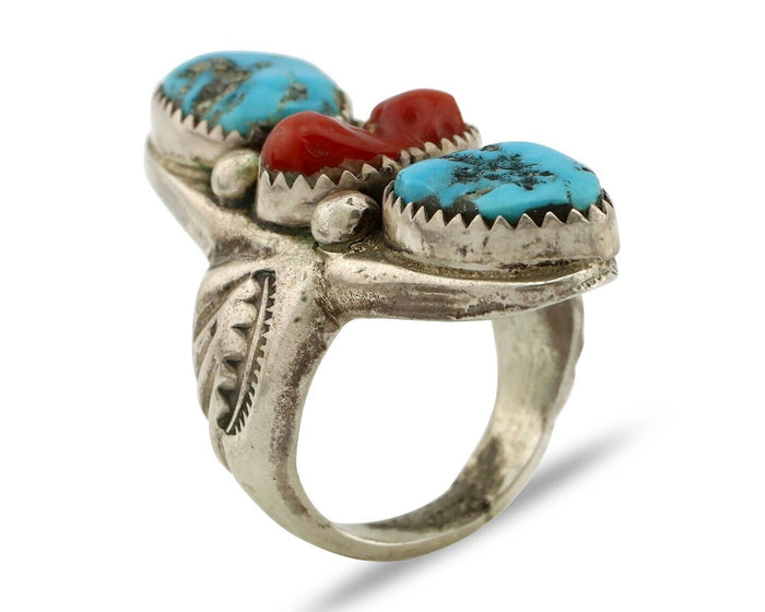 Navajo Ring 925 Silver Blue Turquiose & Coral Artist Signed Large R C.80's