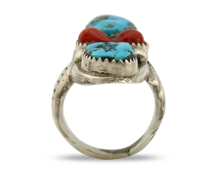 Navajo Ring 925 Silver Blue Turquiose & Coral Artist Signed Large R C.80's