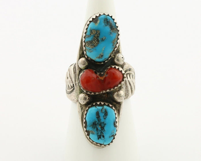 Navajo Ring 925 Silver Blue Turquiose & Coral Artist Signed Large R C.80's