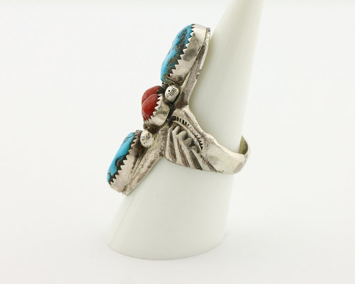 Navajo Ring 925 Silver Blue Turquiose & Coral Artist Signed Large R C.80's