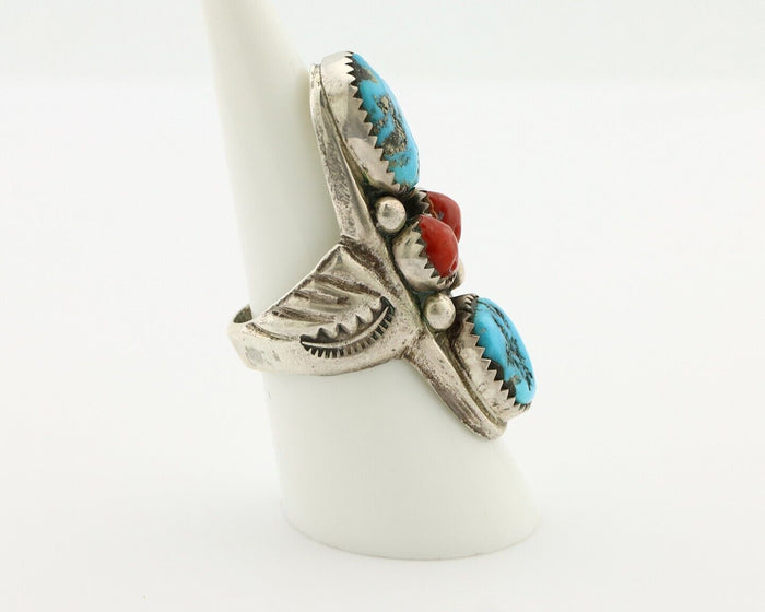 Navajo Ring 925 Silver Blue Turquiose & Coral Artist Signed Large R C.80's