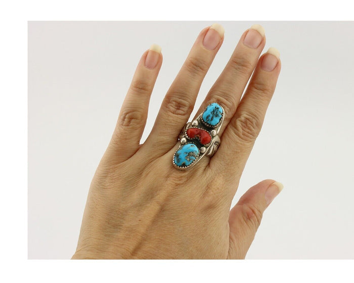 Navajo Ring 925 Silver Blue Turquiose & Coral Artist Signed Large R C.80's