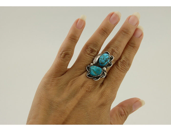 Navajo Ring 925 Silver Blue Turquoise Artist Signed F C.80's