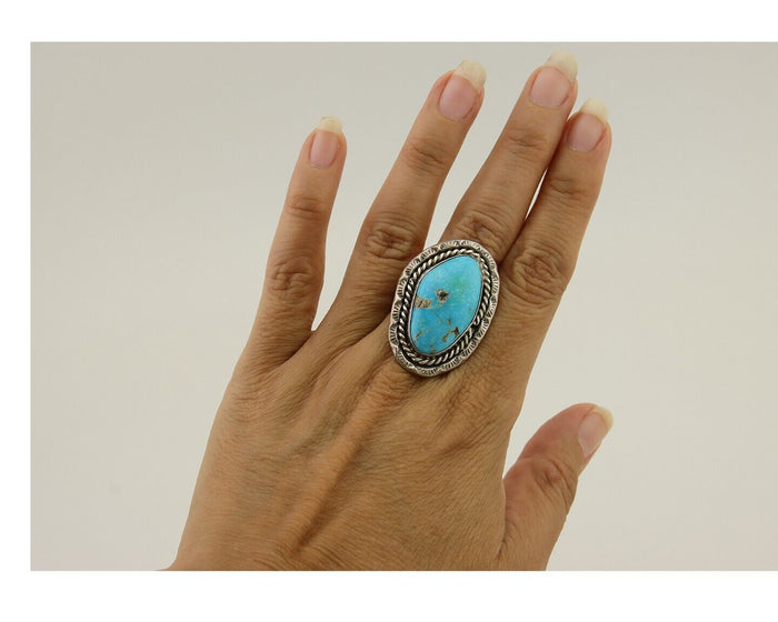 Navajo Ring .925 Silver Blue Turquoise Artist Signed HM C.80's