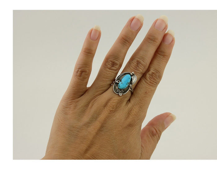 Navajo Ring .925 Silver Blue Turquoise Artist Signed Jack Tom C.80's