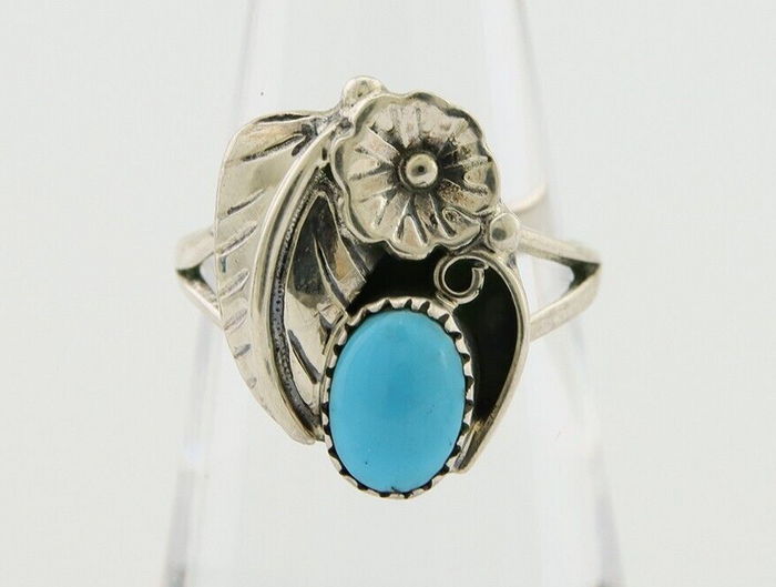 Navajo Ring 925 Silver Blue Turquoise Artist Signed MH C.80's