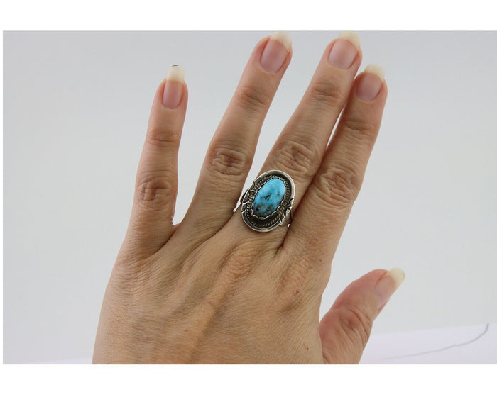 Navajo Ring 925 Silver Blue Turquoise Artist Signed Platero FNE C.80's Size 6.0