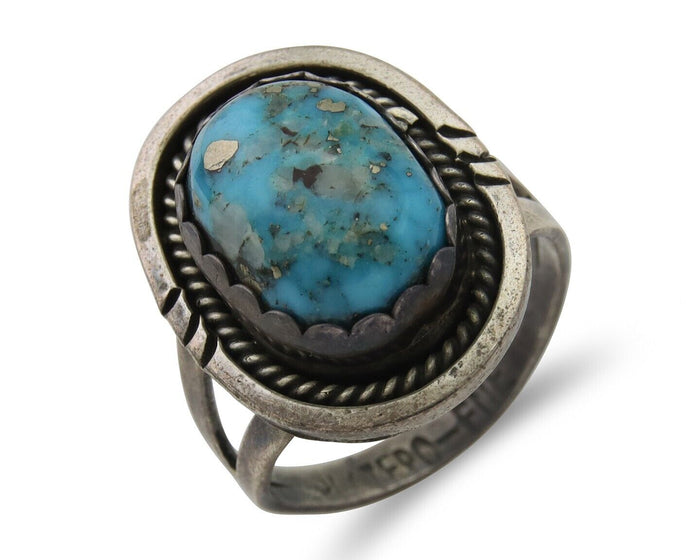 Navajo Ring 925 Silver Blue Turquoise Artist Signed Platero FNE C.80's Size 7.0