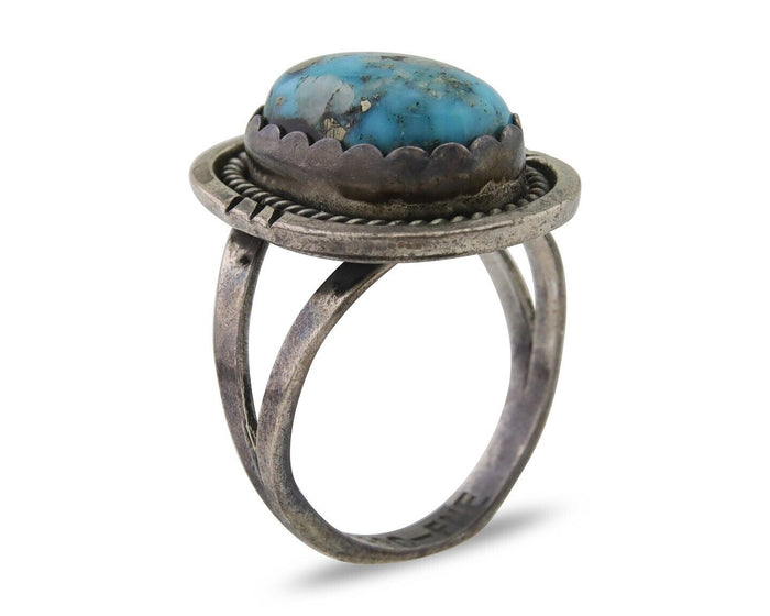 Navajo Ring 925 Silver Blue Turquoise Artist Signed Platero FNE C.80's Size 7.0