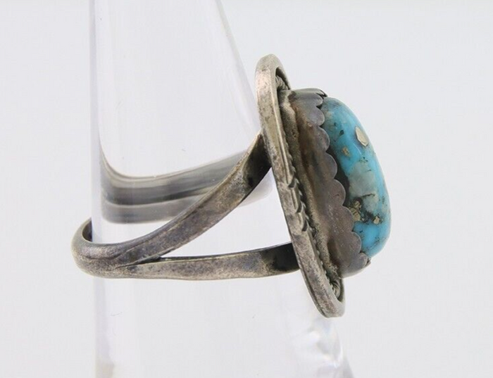 Navajo Ring 925 Silver Blue Turquoise Artist Signed Platero FNE C.80's Size 7.0