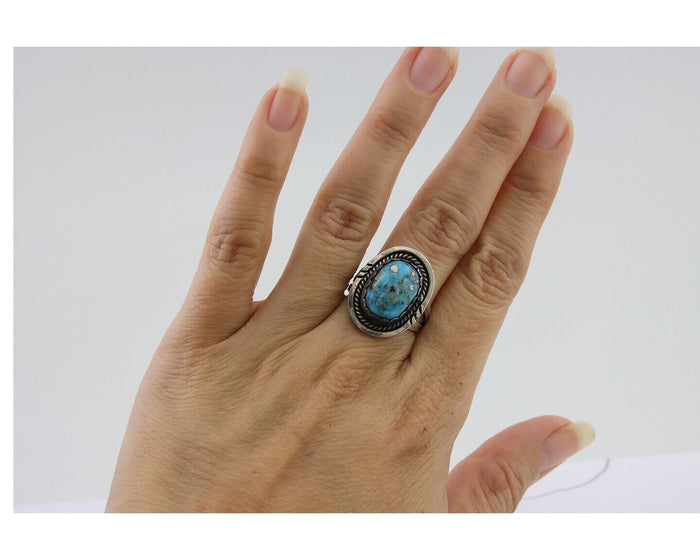 Navajo Ring 925 Silver Blue Turquoise Artist Signed Platero FNE C.80's Size 7.0