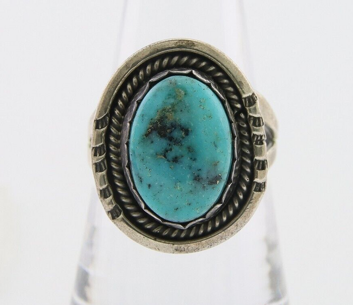Navajo Ring 925 Silver Blue Turquoise Artist Signed Platero FNE C.80's Size 7.75