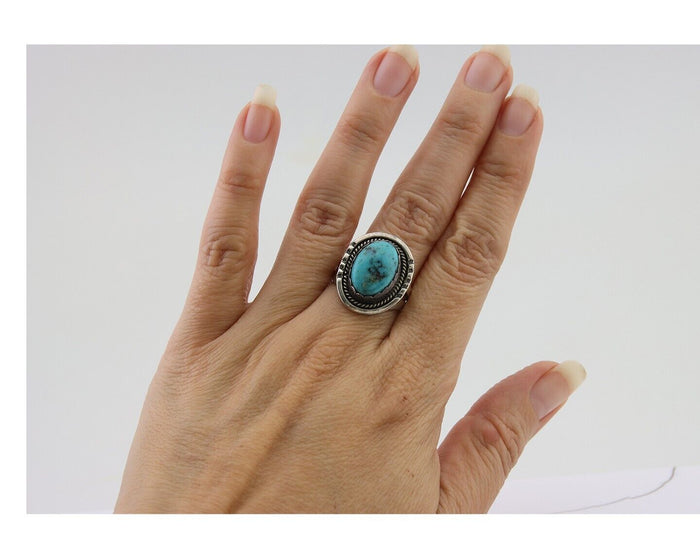 Navajo Ring 925 Silver Blue Turquoise Artist Signed Platero FNE C.80's Size 7.75