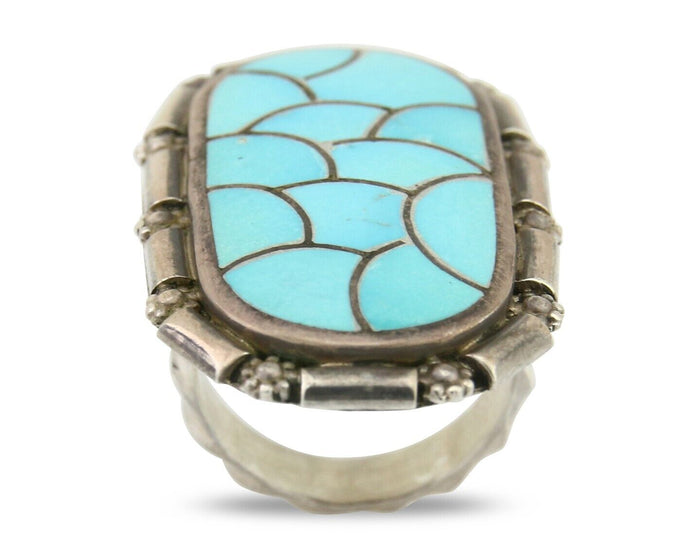 Navajo Ring 925 Silver Blue Turquoise Signed CL Haloo C.90's