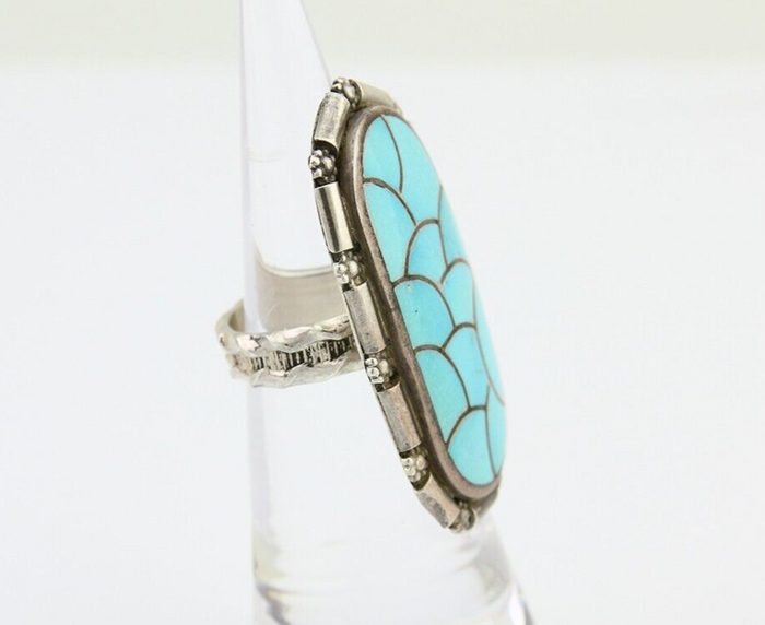 Navajo Ring 925 Silver Blue Turquoise Signed CL Haloo C.90's