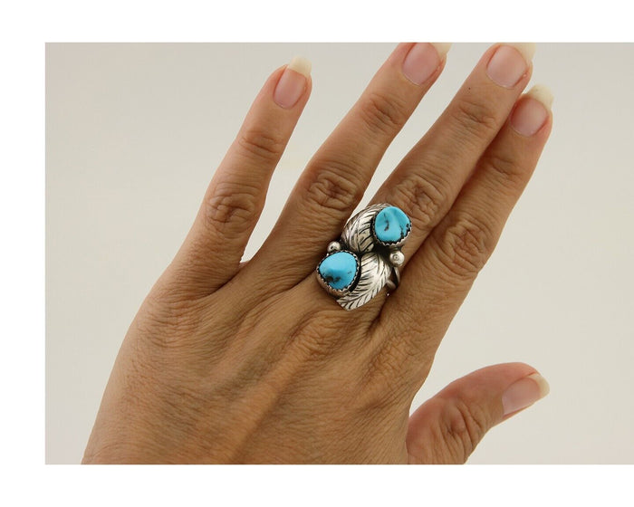 Navajo Ring 925 Silver Blue Turquoise Signed E Spencer C.80's
