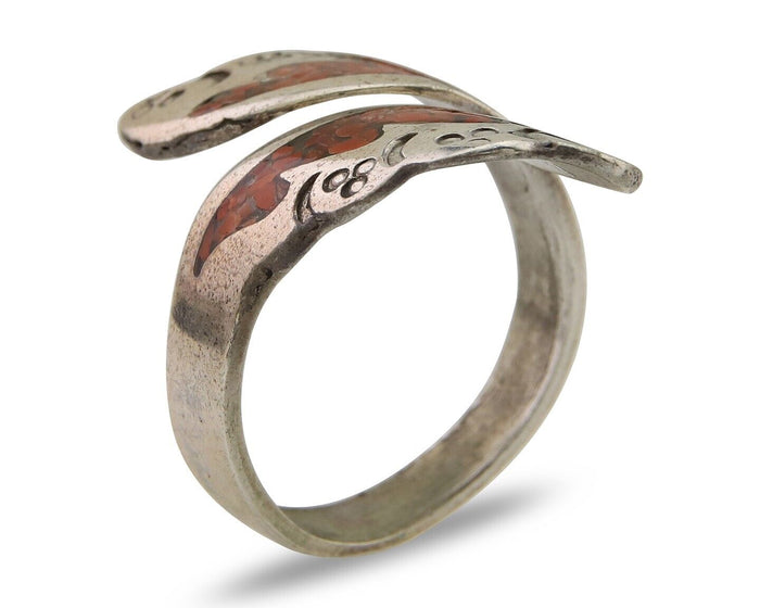Navajo Ring 925 Silver Chip Inlay Coral Native Artist C.80's