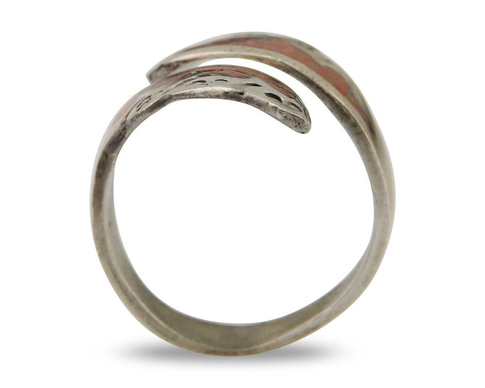 Navajo Ring 925 Silver Chip Inlay Coral Native Artist C.80's