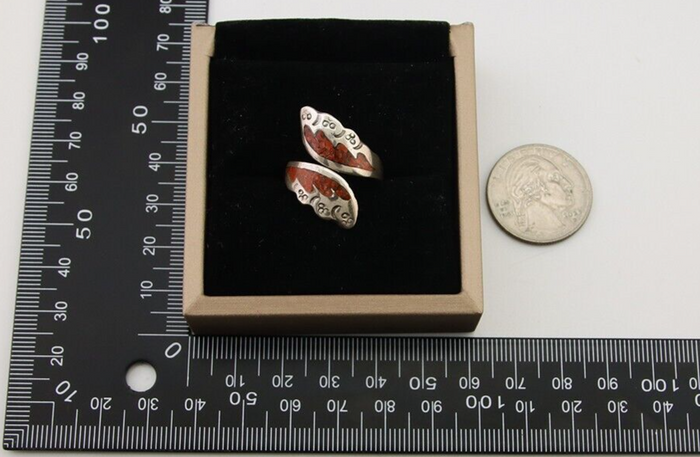 Navajo Ring 925 Silver Chip Inlay Coral Native Artist C.80's