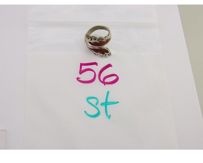 Navajo Ring 925 Silver Chip Inlay Coral Native Artist C.80's