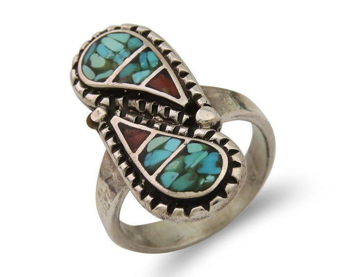 Navajo Ring 925 Silver Chip Inlay Turquoise & Coral Native Artist C.80's