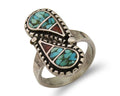 Navajo Ring 925 Silver Chip Inlay Turquoise & Coral Native Artist C.80's