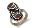 Navajo Ring 925 Silver Chip Inlay Turquoise & Coral Native Artist C.80's